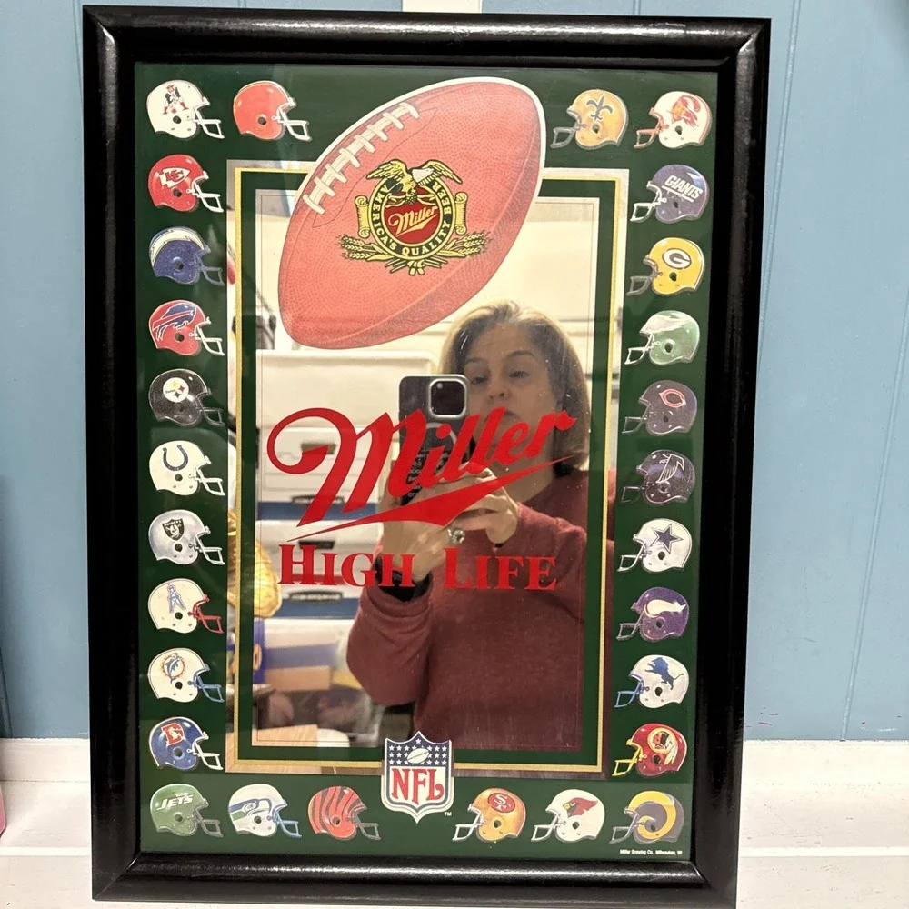 VINTAGE 1980'S MILLER HIGH LIFE 28 NFL TEAM HELMETS MIRROR SIGN 14.5